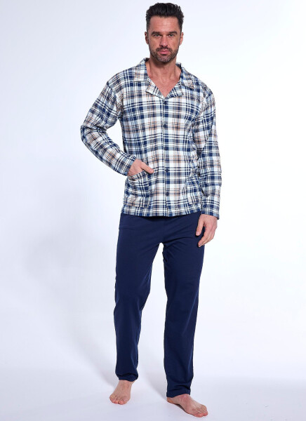 Pyžamo Cornette 114/77 dlouhé/r M-2XL rozepínací tmavě modrá - mřížka L