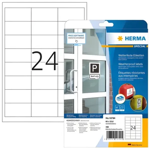 Herma voděodolné etikety A4 66x33,8 mm bílá / Papír / impregnované / laser / 480 ks (10794)
