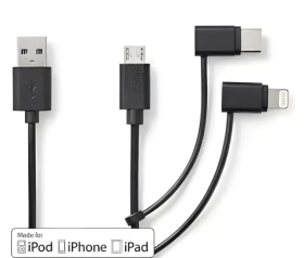 Nedis USB-A kabel 3v1 černá / Datový kabel / Lightning, Micro-B, USB-C / 480 Mbps / 1 m (CCGL60620BK10)