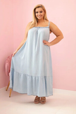 Dámské plus size šaty na ramínka s volánem světle džínová UNI