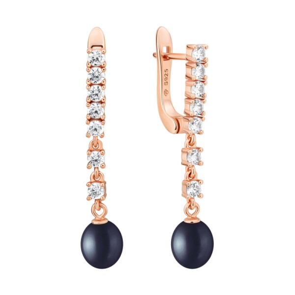 Náušnice s černou perlou a zirkony Tania Gold - stříbro 925/1000, Zlatá Černá
