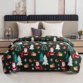 DumDekorace Prošívaný vánoční přehoz s motivem Santa Clause - zelený dekorativní přehoz Šířka: 200 cm | Délka: 220 cm