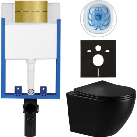 CERANO - Kompletní WC set Profi/Cesso - černá lesklá - WC tlačítko Line/Zlatá - pro zazdění - 49x36 CER-8050BD84260