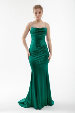 Lafaba Women's Emerald Green Long Evening Dress with Stone Straps