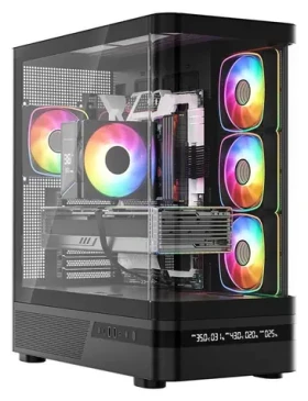 MODECOM Volcano AQ200 ARGB černá / Skříň / ATX / 1x USB-C 3.2 / LED displej / tvrzené sklo / bez zdroje (MC-A-AQ200-4FA-B)