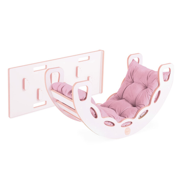 PLUSH NEST PLUSH NEST Dřevěné houpátko Mini 4v1 se skluzavkou, lezeckou stěnou a polštářem (růžový samet, bílá)