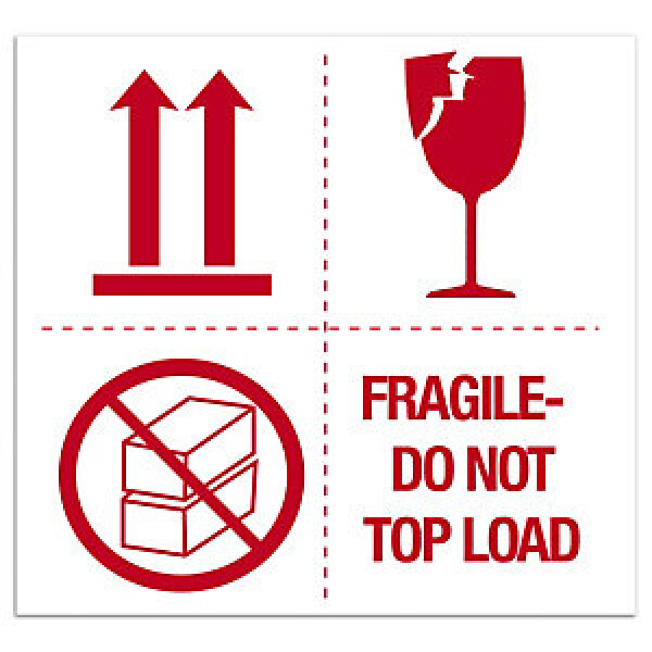 Výstražné etikety, 100x100mm, 4 symboly, FRAGILE / DO NOT TOP LOAD