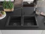 MEXEN/S - Mario granitový dřez 2-bowl včetně baterie Flora, černá/stříbrná metalik 6504-73-670401-70-B