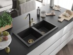 MEXEN/S - Hektor granitový dřez 2-bowl 800 x 480 mm, černá/stříbrná metalik, zlatý sifon 6521802000-73-G