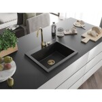 MEXEN/S - Elix granitový dřez 1-miska 600 x 500 mm, černá/stříbrná metalik, sifon zlatá 6525601005-73-G