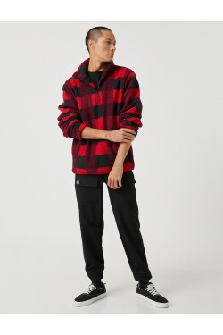 Koton Checkered Sweatshirt Standing Neck Half-Zip Pocket Detailed.