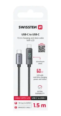 SWISSTEN Kabel USB-C s LCD displejem 1.5m černá / 60W / 2x USB-C (M) (71551074)