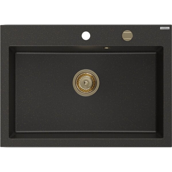 MEXEN/S - Elix granitový dřez 1-miska 700 x 500 mm, černá/zlatá metalik, sifon zlatá 6526701005-75-G