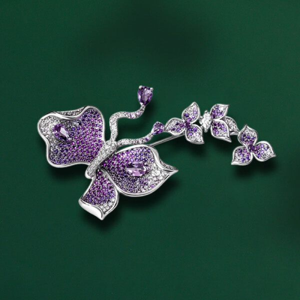 Luxusní brož Motýl s květy a fialovými krystaly, Fialová