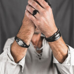 Pánský náramek Vegvisir - pravá kůže, chirurgická ocel, Černá 22 cm