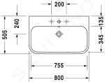 DURAVIT - Happy D.2 Umyvadlo nábytkové 800x505 mm, s 1 otvorem pro baterii, s WonderGliss, alpská bílá 23188000271