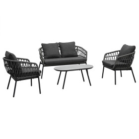 Zahradní set 1+1+2, stůl 90x48, židle a dvojsedačka, Antracitový umělý ratan, kov antracit, tmavě šedá látka.