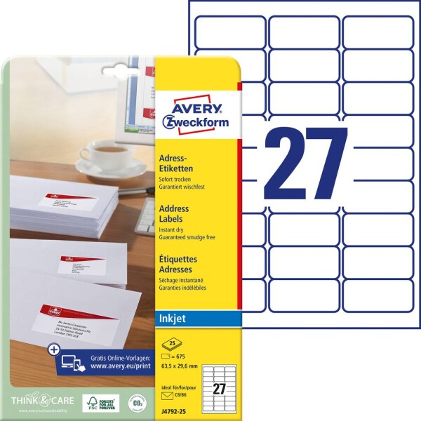 Avery-Zweckform J4792-25 Adresní nálepky 63.5 x 29.6 mm papír bílá 675 ks trvalé inkoustová tiskárna, ruční popis