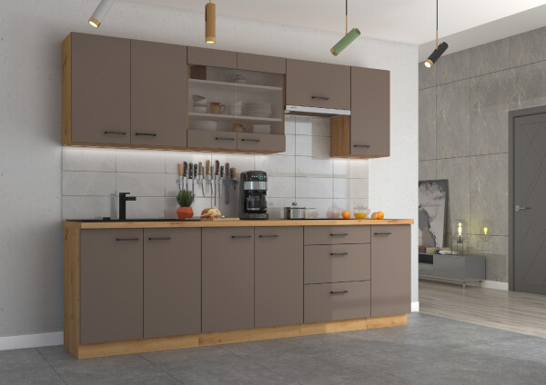 Kuchyňská linka 260 cm Bolonia 3 Barva korpusu: Dub artisan, Barva dvířek: Truffle Grey