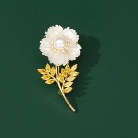 Brož s perlou a zirkony Luigia - květina, Zlatá Bílá