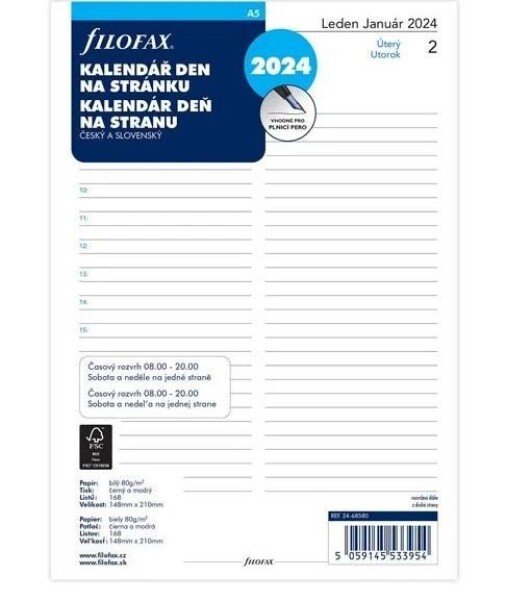 Filofax Náplň do diáře 2024 - A5, den/1 str, linky, ČJ+SJ