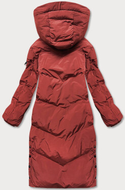 Dlouhá dámská zimní bunda cihlové barvě kožešinovou podšívkou (2M-011) odcienie czerwieni