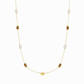 Dlouhý náhrdelník se sladkovodními perlami a tygřím okem, Hnědá Bílá 82 cm