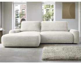 Rohová sedačka Cord, smetanově bílá strukturovaná látka, levý roh