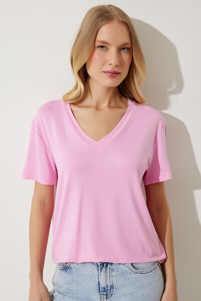 Happiness İstanbul Women's Pink V-Neck Basic Viscose Knitted T-Shirt