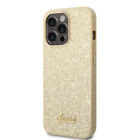 Pouzdro Guess PC/TPU Glitter Flakes Metal Logo iPhone 14 Pro zlaté