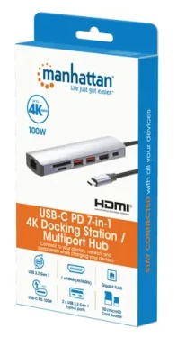 Manhattan Dokovací stanice 7-in-1 stříbrná / Dokovací stanice / USB-C / HDMI 4K 60Hz / USB-A 3.2 Gen2 / PD 100W (153966)