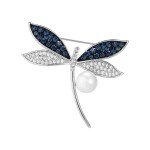 Luxusní brož s perlou a zirkony Noema - vážka, Stříbrná