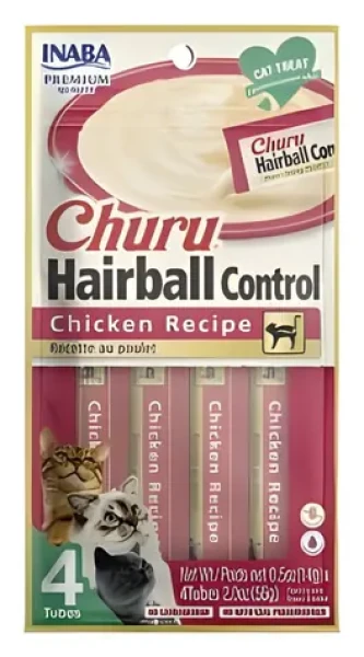Inaba Churu Hairball Control kuřecí pyré 4x14 g / Pamlsek pro kočky / Bez obilovin / Podpora trávení chlupů (683-10676)
