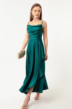 Lafaba Dámské Smaragdově zelené volánky Rozparek Satén Midi délka Večerní šaty promoční šaty