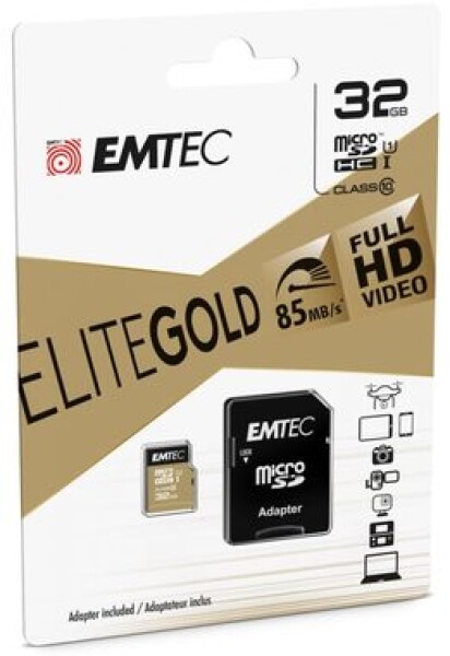 EMTEC Gold Plus micro SDHC karta 32GB + adaptér SD / UHS-I / Class 10 / čtení: 85MBs / zápis: 21MBs / vhodné pro FullHD (ECMSDM32GHC10GP)