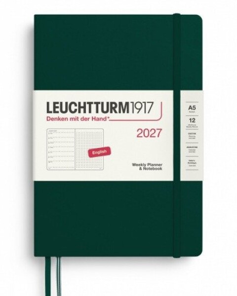 Týdenní plánovač Zápisník Forest Green, tečkovaný Medium A5 2027, anglicky