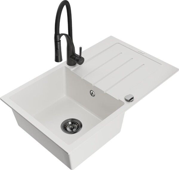 MEXEN - Bruno granitový dřez s odkapávačem včetně baterie Aster, bílá 6513-20-73450-70-B