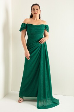 Lafaba Dámské smaragdově zelené lodičkový výstřih přehodil štěrbinu dlouhé stříbřité večerní šaty