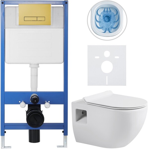 CERANO Kompletní podomítkový WC set Lite/Dure - bílá lesklá - WC tlačítko Slim, zlatá - předstěnová instalace/sádrokarton - 51x35 cm