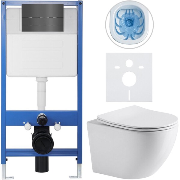 CERANO Kompletní podomítkový WC set Lite/Cesso - bílá lesklá - WC tlačítko Line, tmavě šedá - předstěnová instalace - 49x36 cm