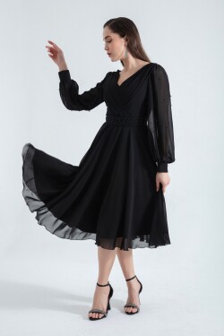 Lafaba Women's Black V-Neck Pearly Midi Evening Dress