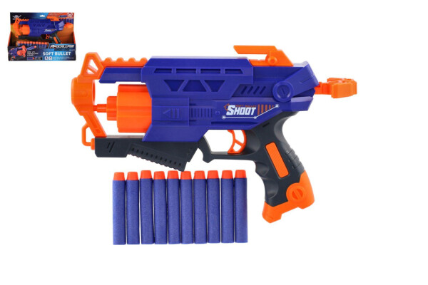 Pistole na pěnové náboje 28cm plast + 10 ks nábojů v krabici 31x22x7cm