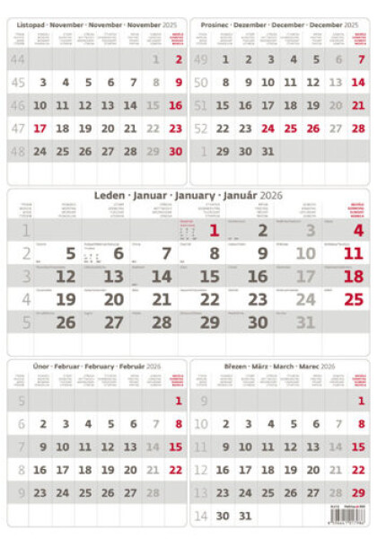 Kalendář nástěnný 2026 - Pětiměsíční šedý