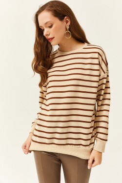 Olalook Women's Stone Brown Basic Soft Textured Loose Sweatshirt