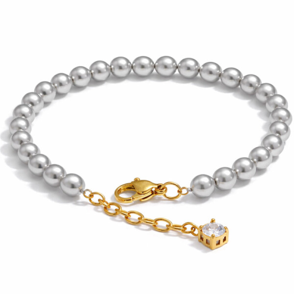 Náramek se šedými perlami a zirkonem - chirurgická ocel, Zlatá 16 cm + 3 cm (prodloužení) Šedá