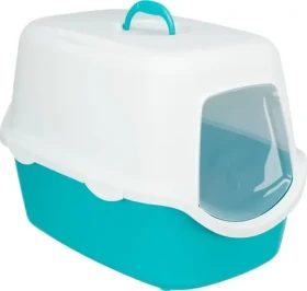 TRIXIE WC pro kočky VICO kryté s dvířky tyrkysová/bílá / 56 x 40 x 40 cm / Bez filtru / Easy Click zámky