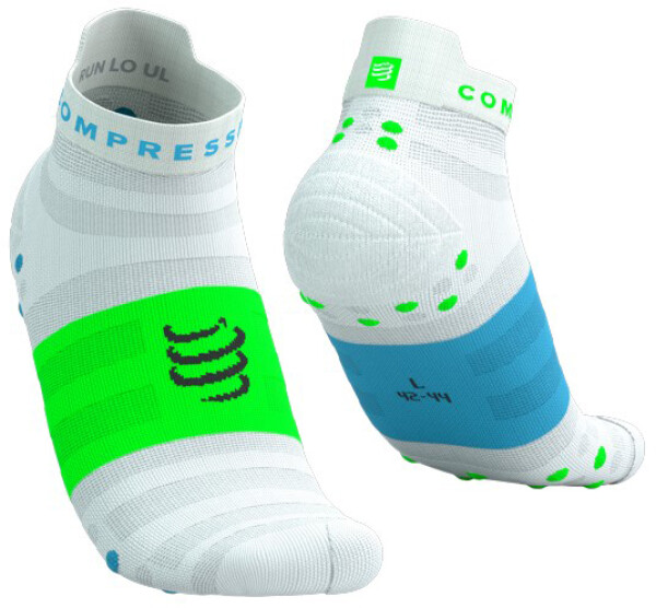 Běžecké ponožky Compressport Pro Racing Socks v4.0 Ultralight Run Low - White/Norse Blue/Neon Green Velikost: T4 (EU 45-48)