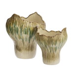 MADAM STOLTZ Kameninová váza Beige / Green / Mustard 29 cm, zelená barva, keramika