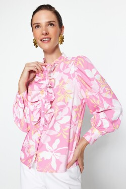 Trendyol růžová květinová volánková šifonová tkaná košile