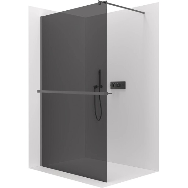 CERANO Sprchová zástěna Walk-in Onyx Round L/P - 8 mm + polička/držák na ručníky - kulatá vzpěra - černá matná, grafitové sklo - 100x200 cm